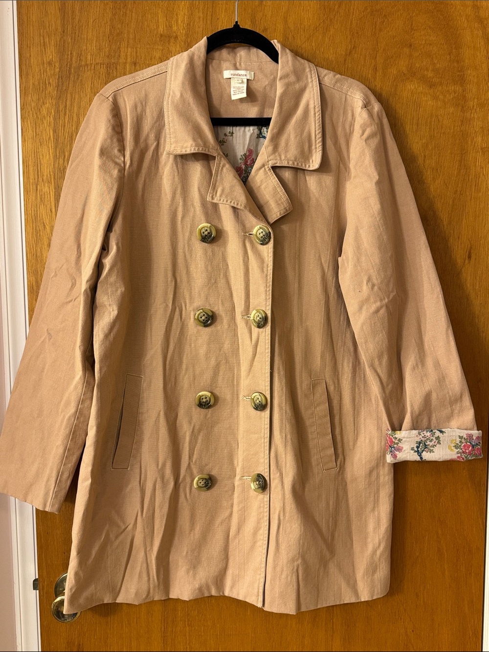 Sundance Fielding Light Tan Double-Breasted Trench Coat with Floral Cuff